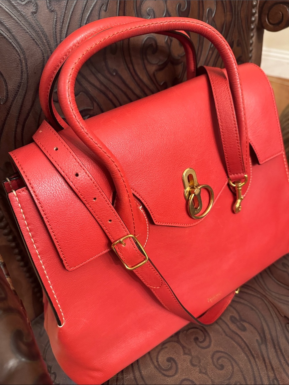 Mulberry Red Leather Shoulder Bag with Gold Ring Detail